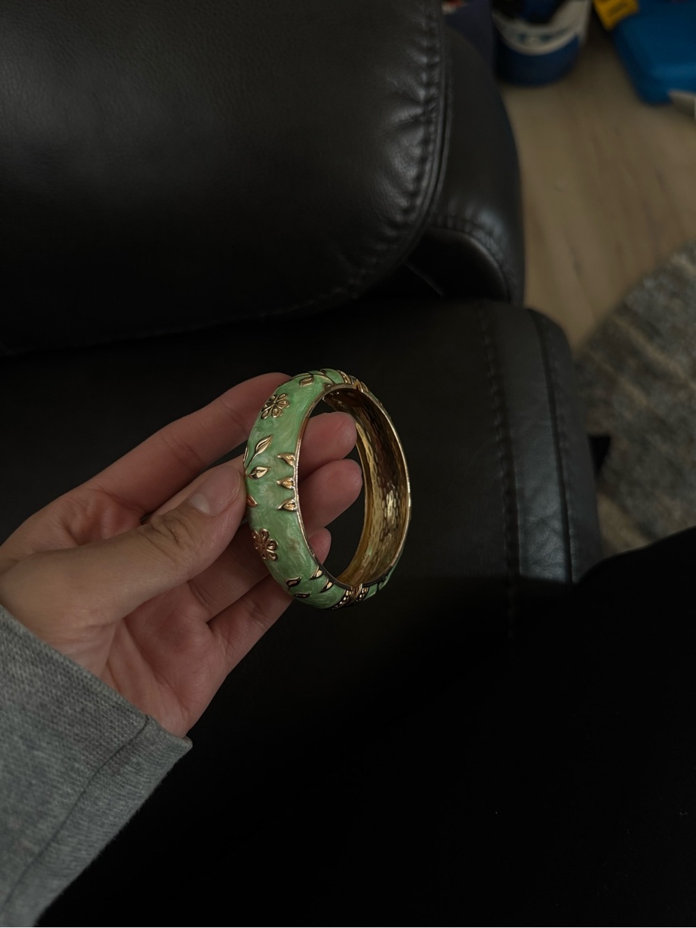 Gold-Plated Green Floral Enamel Bangle Bracelet - Women Jewelry